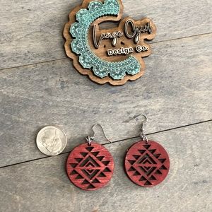Red Round Wood Stained & Laser Cut Aztec Tribal Patterned Large Dangle Earrings